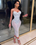 Woman Sling Rhinestone See Through Slim Party Dress White Red Black Apricot S-5XL