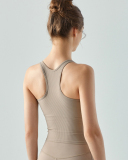 Women Solid Color Confortable Fixed Pad I-Back Sleeveless Sports Vest Khaki Black Ivory Black S-XL