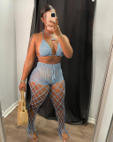 Woman Hollow Out Halter Neck Bra Beach Wear Mesh Pants Sets Two Pieces Outfit White Pink Black Blue Brown S-XL