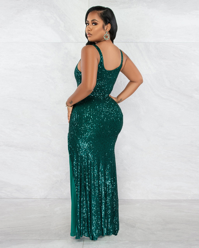 Women Solid Color Sequin Sleeveless U Neck High Slit Plus Size Dresses Evening Dresses Black Red Green Gold Blue L-3XL