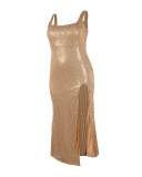 Women Solid Color Sequin Sleeveless U Neck High Slit Plus Size Dresses Evening Dresses Black Red Green Gold Blue L-3XL