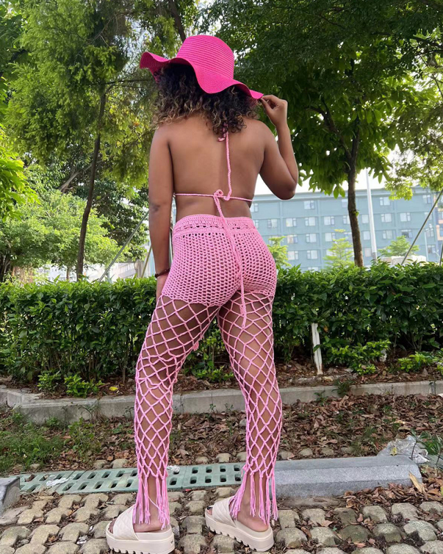 Woman Hollow Out Halter Neck Bra Beach Wear Mesh Pants Sets Two Pieces Outfit White Pink Black Blue Brown S-XL
