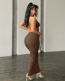 Women Sleeveless Summer Solid Color Backless One-piece Maxi Knit Dress Black Coffee S-L