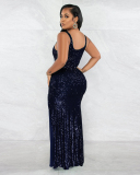Women Solid Color Sequin Sleeveless U Neck High Slit Plus Size Dresses Evening Dresses Black Red Green Gold Blue L-3XL