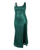 Women Solid Color Sequin Sleeveless U Neck High Slit Plus Size Dresses Evening Dresses Black Red Green Gold Blue L-3XL