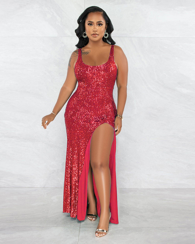 Women Solid Color Sequin Sleeveless U Neck High Slit Plus Size Dresses Evening Dresses Black Red Green Gold Blue L-3XL