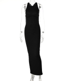 Women Sleeveless Summer Solid Color Backless One-piece Maxi Knit Dress Black Coffee S-L