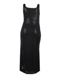 Women Solid Color Sequin Sleeveless U Neck High Slit Plus Size Dresses Evening Dresses Black Red Green Gold Blue L-3XL