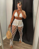 Woman Hollow Out Halter Neck Bra Beach Wear Mesh Pants Sets Two Pieces Outfit White Pink Black Blue Brown S-XL