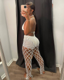 Woman Hollow Out Halter Neck Bra Beach Wear Mesh Pants Sets Two Pieces Outfit White Pink Black Blue Brown S-XL