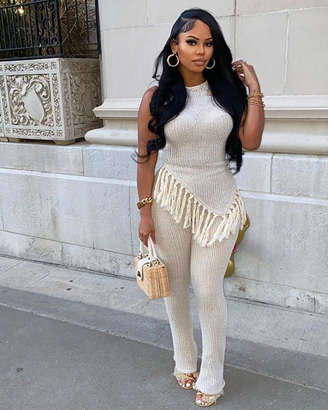 Irregular Knitted Women Summer Fringe Two Piece Pant Set S-XL
