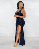 Women Solid Color Sequin Sleeveless U Neck High Slit Plus Size Dresses Evening Dresses Black Red Green Gold Blue L-3XL