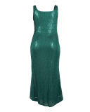 Women Solid Color Sequin Sleeveless U Neck High Slit Plus Size Dresses Evening Dresses Black Red Green Gold Blue L-3XL