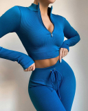 Long Sleeve Zipper Neck Classy Knit Seamless Yoga Tops S-L