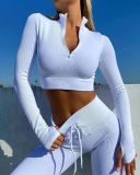 Long Sleeve Zipper Neck Classy Knit Seamless Yoga Tops S-L