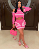 Knitted Women Stripe Fashion Autumn Ladies Two Piece Short Set S-XXL