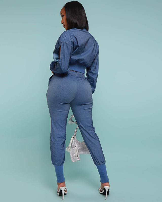 Long Sleeve Autumn Winter Unique Jean Cloth Two Piece Pant Set S-XXL