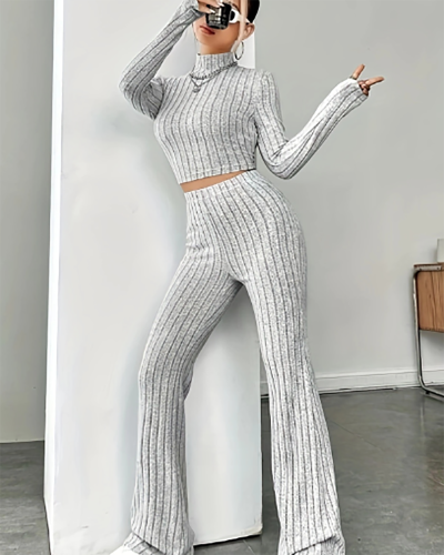 Ribbed Mock Neck Long Sleeve Slim Crop T Shirt With Elastic High Waist Pull On Flare Pants Set Matching Two Piece Se