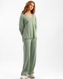 Woman V Neck Solid Color Fashion Long Sleeve Sweater Pants Two Piece Sets One Size