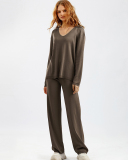 Woman V Neck Solid Color Fashion Long Sleeve Sweater Pants Two Piece Sets One Size
