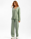 Woman V Neck Solid Color Fashion Long Sleeve Sweater Pants Two Piece Sets One Size