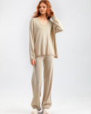 Woman V Neck Solid Color Fashion Long Sleeve Sweater Pants Two Piece Sets One Size