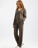 Woman V Neck Solid Color Fashion Long Sleeve Sweater Pants Two Piece Sets One Size