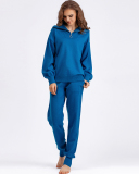 Polo Half Zipper Neck Sweater Pocket Trousers Sets Two Piece Outfit One Size