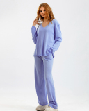 Woman V Neck Solid Color Fashion Long Sleeve Sweater Pants Two Piece Sets One Size