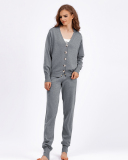 Autumn Knit V Neck Long Sleeve Cardigan Pocket Trousers Two Piece Sets One Size