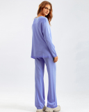 Woman V Neck Solid Color Fashion Long Sleeve Sweater Pants Two Piece Sets One Size