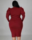 Autumn Women New Long Puff Sleeve Solid Color Midi Plus Size Dresses L-4XL