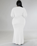 Women Fashion Long Sleeve V Neck Solid Color Maxi Plus Size Dress L-4XL