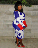 Women Hot Sale Long Sleeve Colorblock Midi Plus Size Dress Black Blue L-4XL
