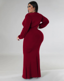 Women Fashion Long Sleeve V Neck Solid Color Maxi Plus Size Dress L-4XL