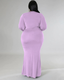 Women Fashion Long Sleeve V Neck Solid Color Maxi Plus Size Dress L-4XL