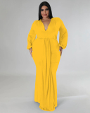 Women Fashion Long Sleeve V Neck Solid Color Maxi Plus Size Dress L-4XL