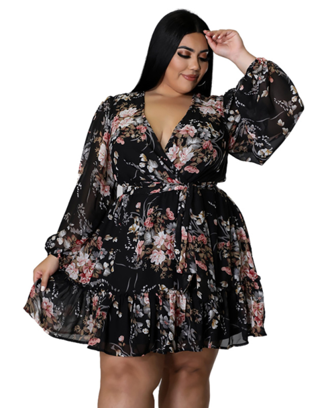 Women Florals V Neck Elegant Chiffon Plus Size Dresses Black Pink XL-5XL