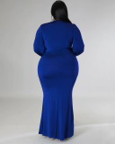 Women Fashion Long Sleeve V Neck Solid Color Maxi Plus Size Dress L-4XL