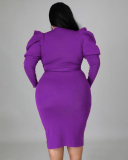 Autumn Women New Long Puff Sleeve Solid Color Midi Plus Size Dresses L-4XL