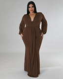 Women Fashion Long Sleeve V Neck Solid Color Maxi Plus Size Dress L-4XL