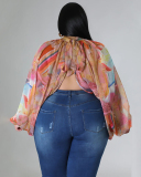 Hot Sale Plus Size Hollow Out Chiffon lacing Long Sleeve Top L-4XL