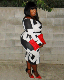 Women Hot Sale Long Sleeve Colorblock Midi Plus Size Dress Black Blue L-4XL