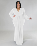 Women Fashion Long Sleeve V Neck Solid Color Maxi Plus Size Dress L-4XL