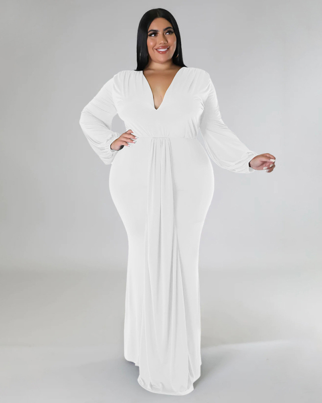 Women Fashion Long Sleeve V Neck Solid Color Maxi Plus Size Dress L-4XL