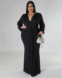 Women Fashion Long Sleeve V Neck Solid Color Maxi Plus Size Dress L-4XL