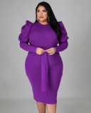 Autumn Women New Long Puff Sleeve Solid Color Midi Plus Size Dresses L-4XL