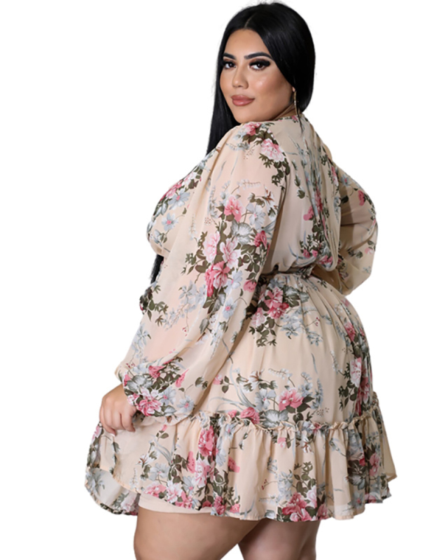 Women Florals V Neck Elegant Chiffon Plus Size Dresses Black Pink XL-5XL