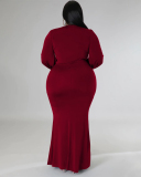 Women Fashion Long Sleeve V Neck Solid Color Maxi Plus Size Dress L-4XL