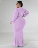 Women Fashion Long Sleeve V Neck Solid Color Maxi Plus Size Dress L-4XL